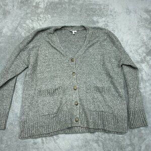 Ella Moss Gray Button Cardigan Sweater M Ribbed Hem Pockets a1292